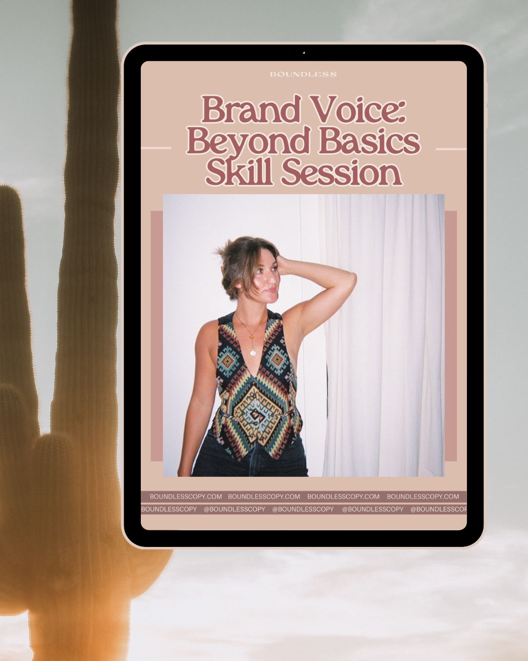 A tablet shows the cover of Boundless Copy's Brand Voice Beyond Basics Skill Session