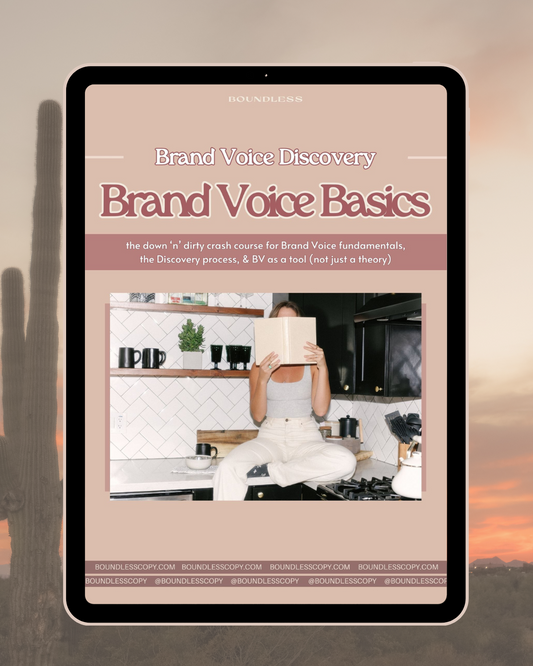 A tablet shows the cover photo for Boundless Copy's Brand Voice Basics eBook